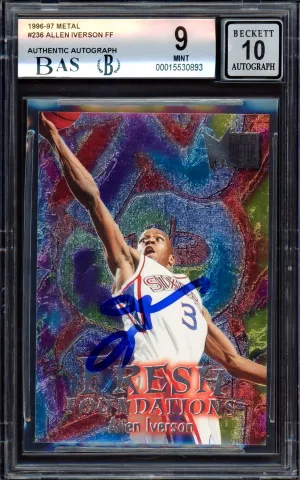 Allen Iverson Autographed 1996-97 Fleer Metal Fresh Foundations Rookie Card #236 Philadelphia 76ers BGS 9 Auto Grade Gem Mint 10 Beckett BAS #15530893