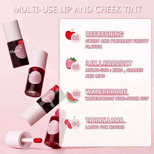 Eakroo 4 Colors Lip Tint Stain Set, Multi-Use Lip and Cheek Tint, Korean Lip Gloss Velvet Lip Tint Stain Plumping Mini Liquid Lipstic, Non-Sticky, Waterproof & Long Lasting, Vivid Color, High Pigment