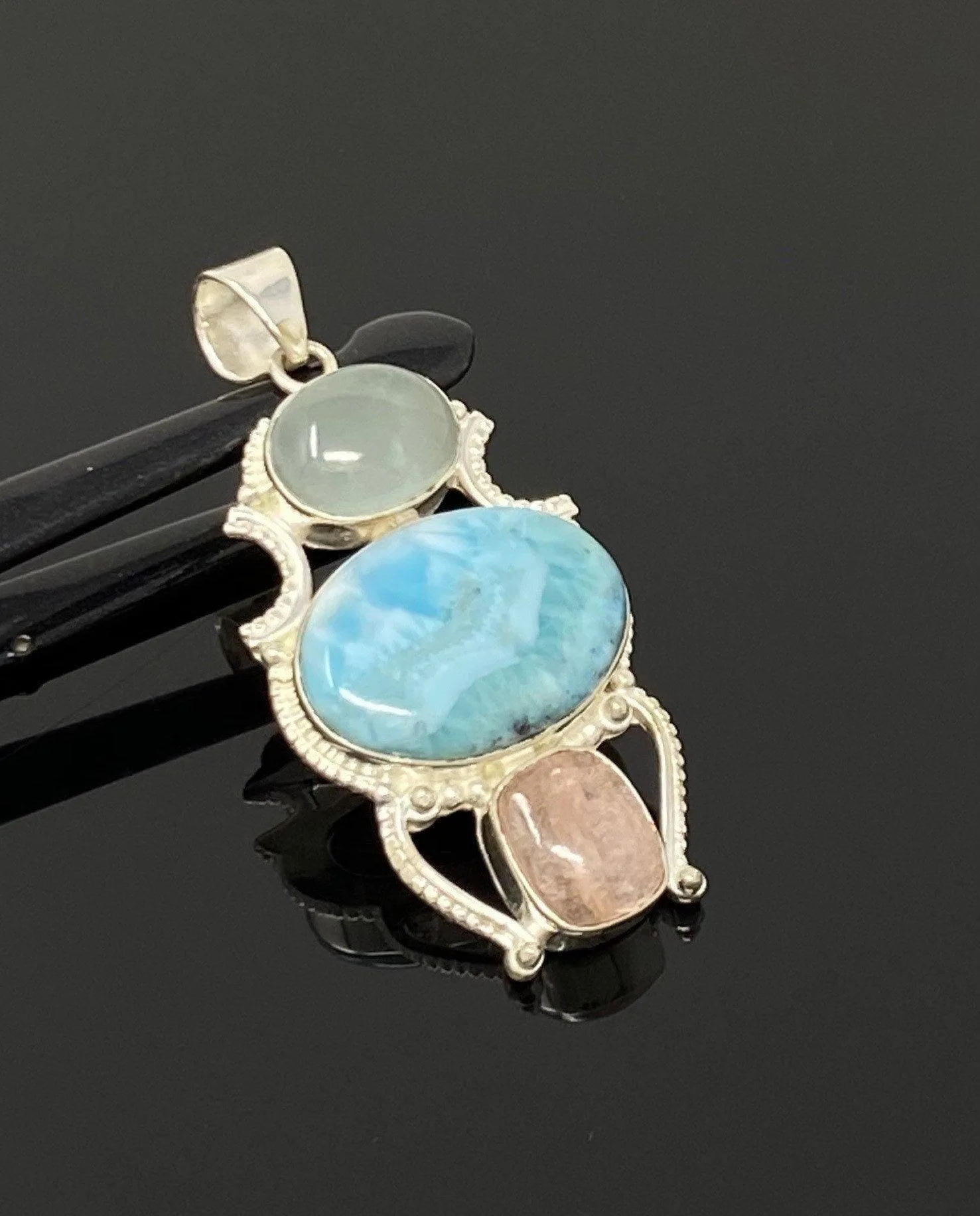 Gemstone Pendant - Larimar, Aquamarine and Morganite , Wire Wrapped