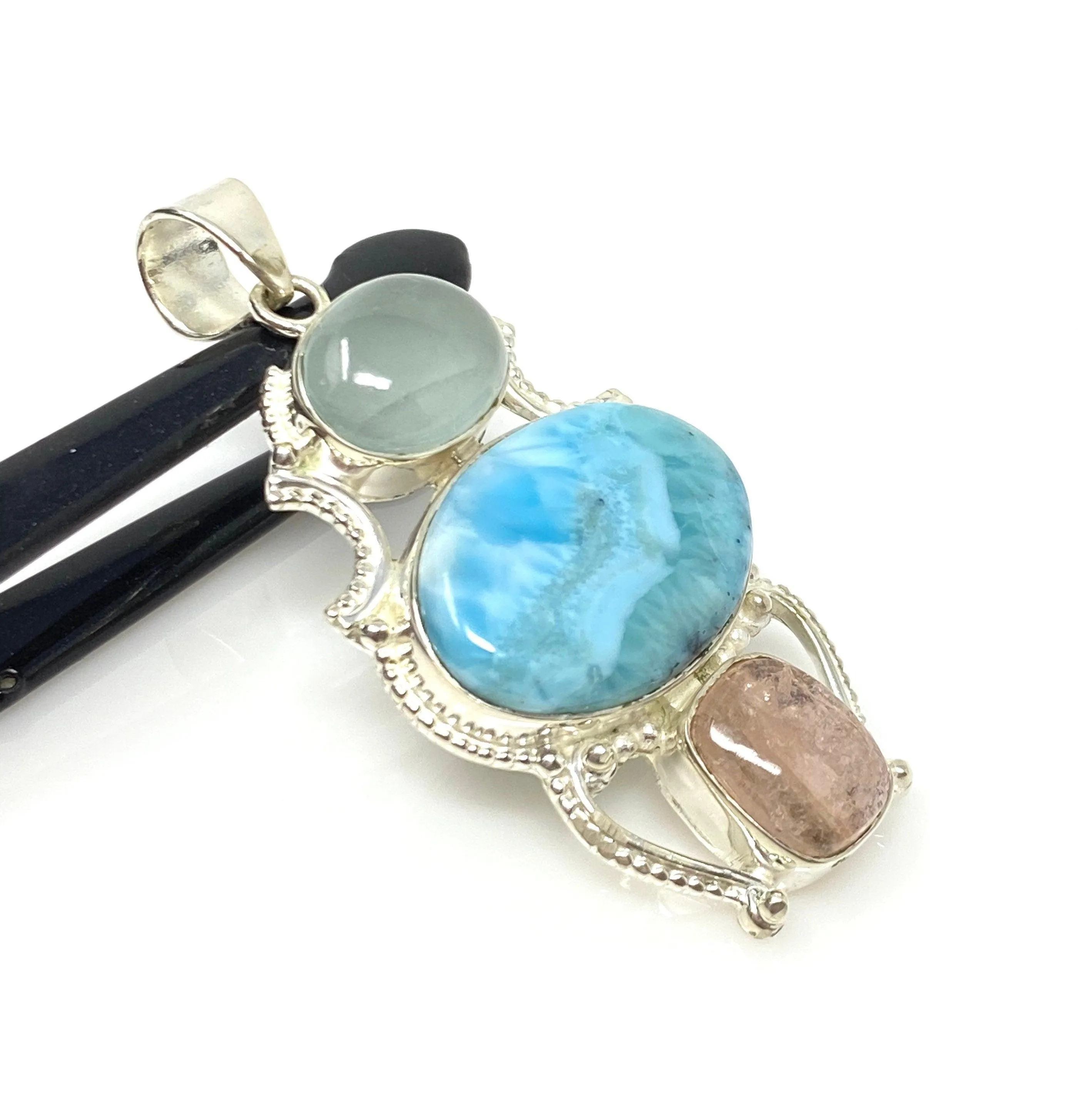 Gemstone Pendant - Larimar, Aquamarine and Morganite , Wire Wrapped