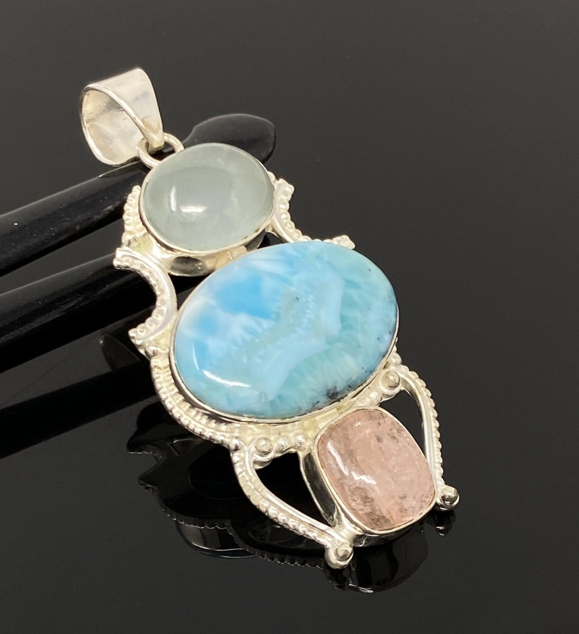 Gemstone Pendant - Larimar, Aquamarine and Morganite , Wire Wrapped