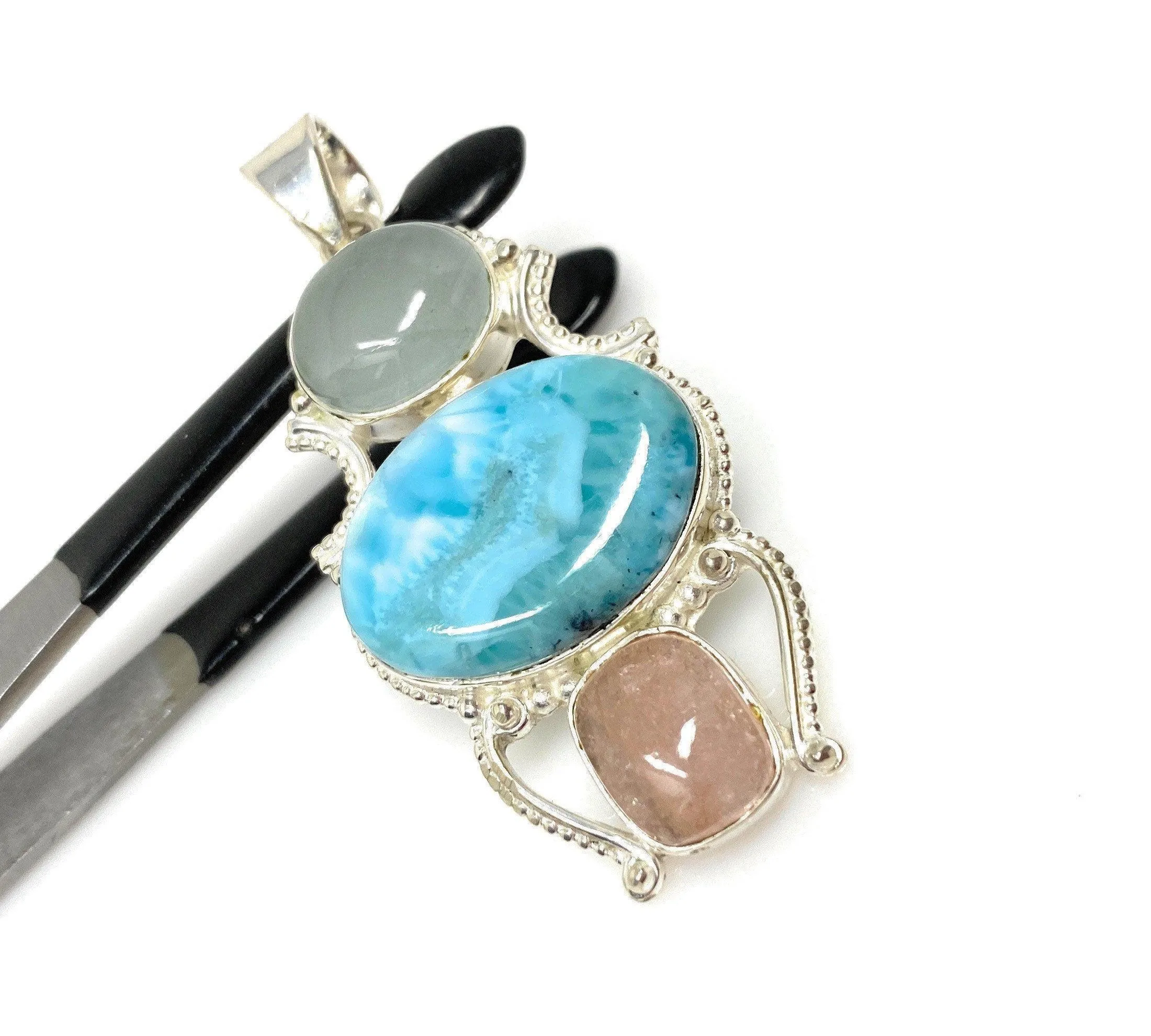 Gemstone Pendant - Larimar, Aquamarine and Morganite , Wire Wrapped