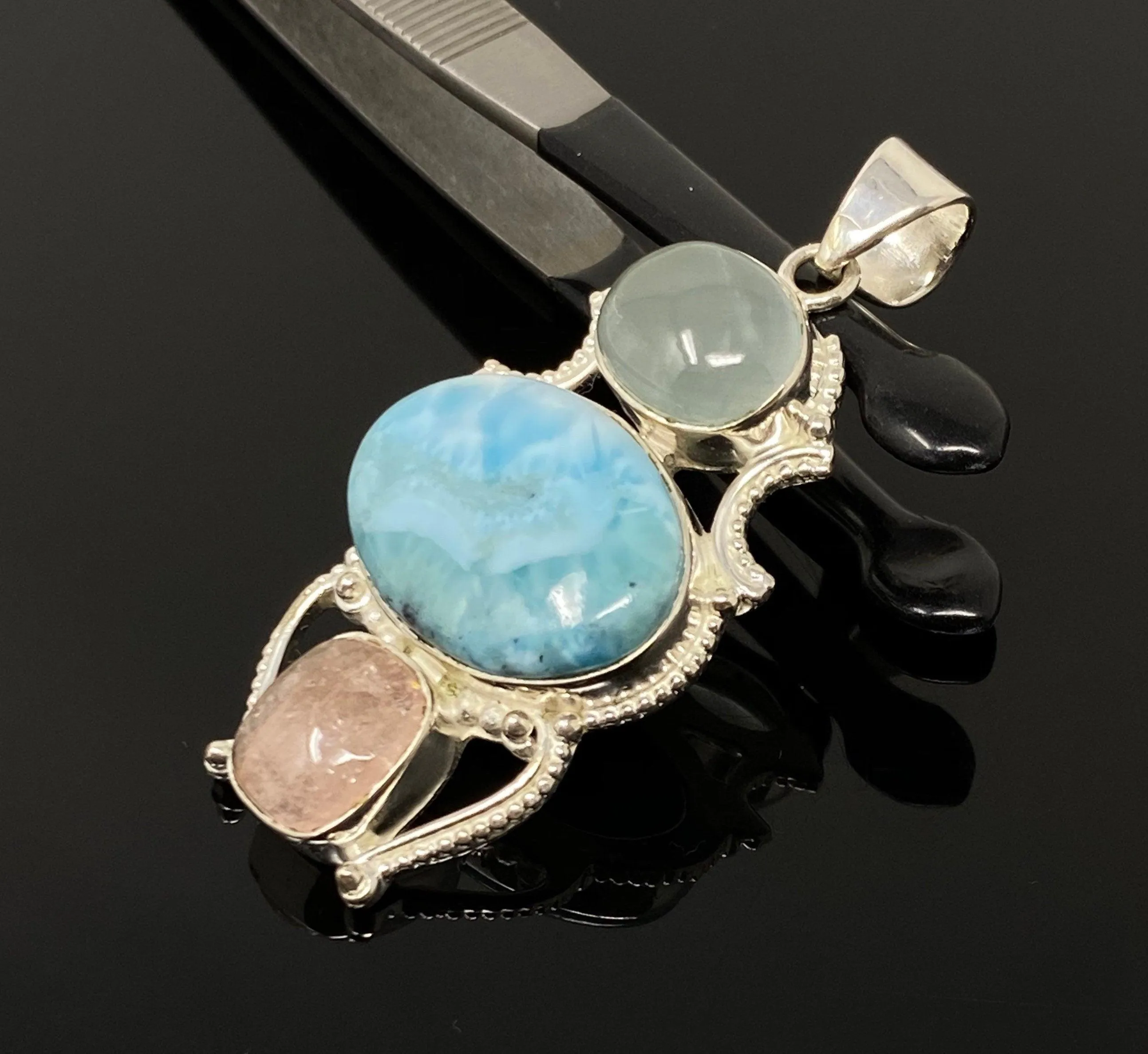 Gemstone Pendant - Larimar, Aquamarine and Morganite , Wire Wrapped