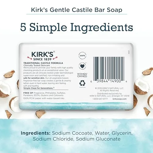 Kirk's Castile Bar Soap Clean Soap Premium Coconut Oil Fragrance 4 Oz. Bars