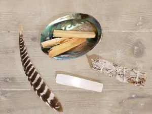 Smudge Kit | Sage Bundle, Palo Santo Incense Sticks, Selenite Wand, Feather & Abalone Shell